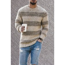 Mens Autumn And Winter Fashion Round Neck Knitted Top Striped Casual Sweater